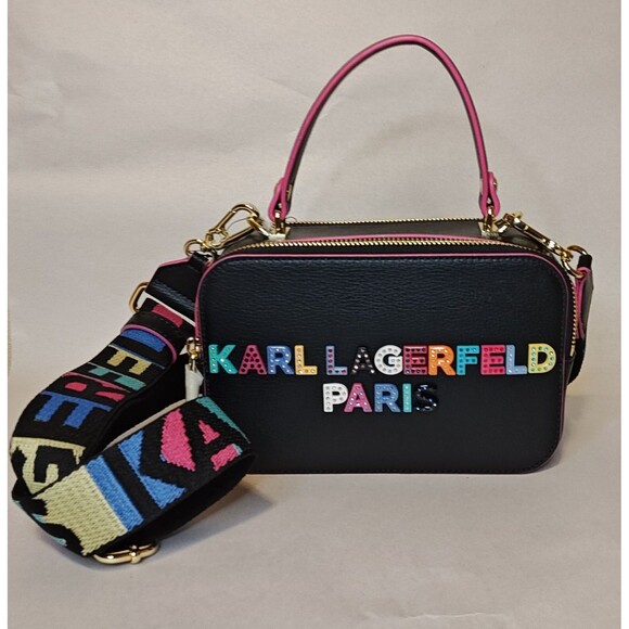 New Karl Lagerfeld Paris Simone Embellished Logo Leather Two Way Camera Bag - Picture 1 of 14